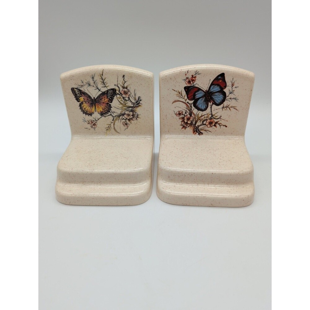 Vtg Holland Mold Butterfly Bookends Speckled Waterslide Signed Susan '78
